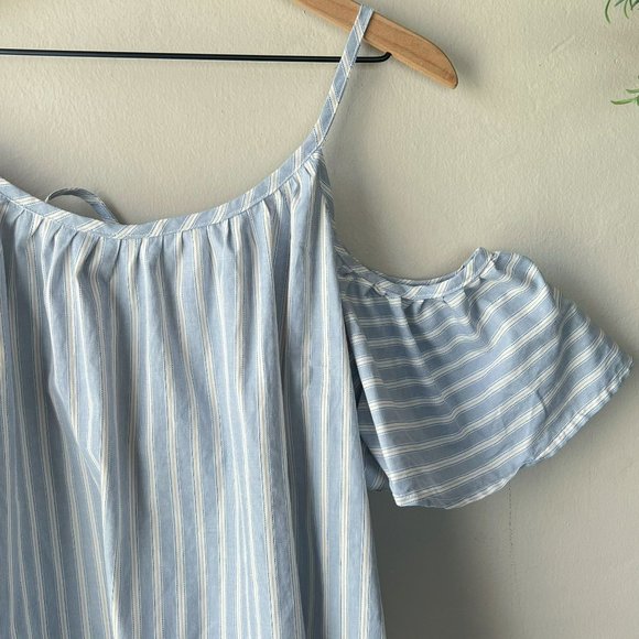 Blue White Striped Cold Shoulder Tie Neck Blouse - Picture 8 of 9